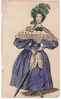 1836 [lavendar dress, green hat, umbrella] 